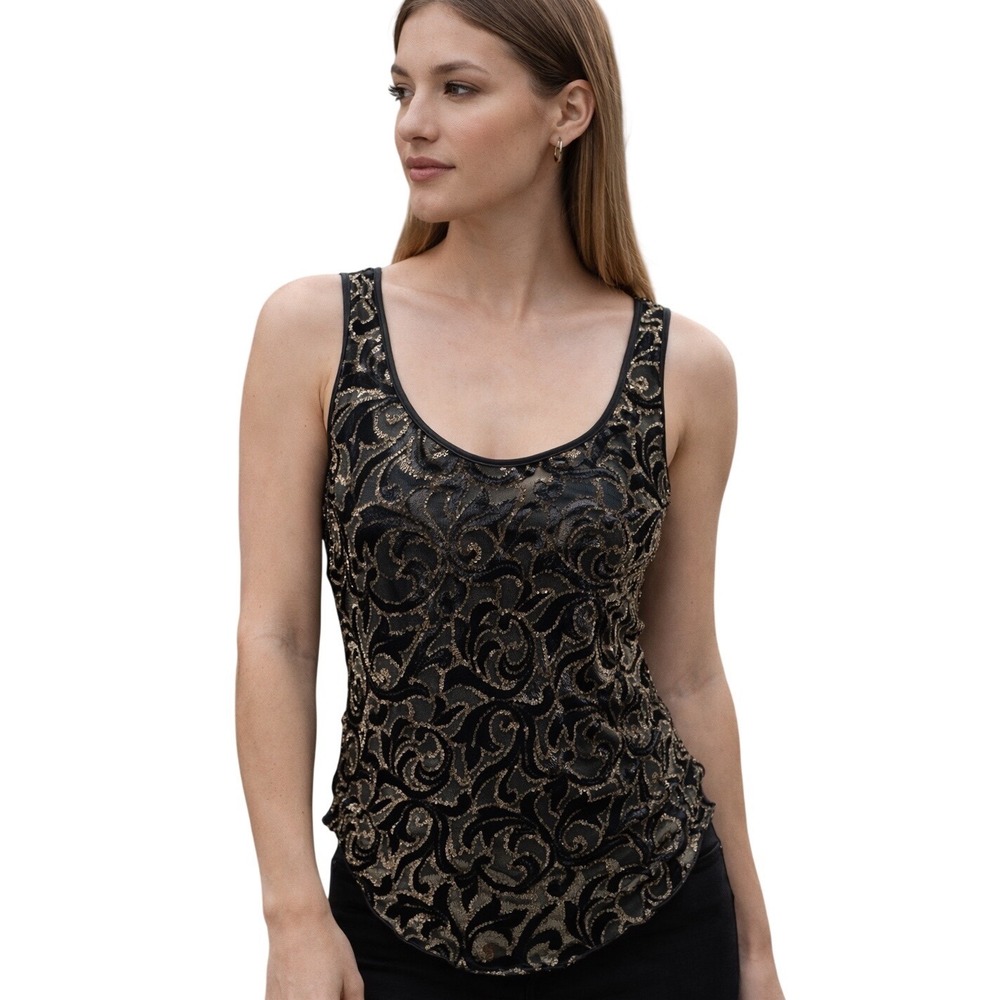 VTG Lucie Ann‎ Tank Top US 4 Black Gold Floral Velvet Scoop Neck Elegant Luxe